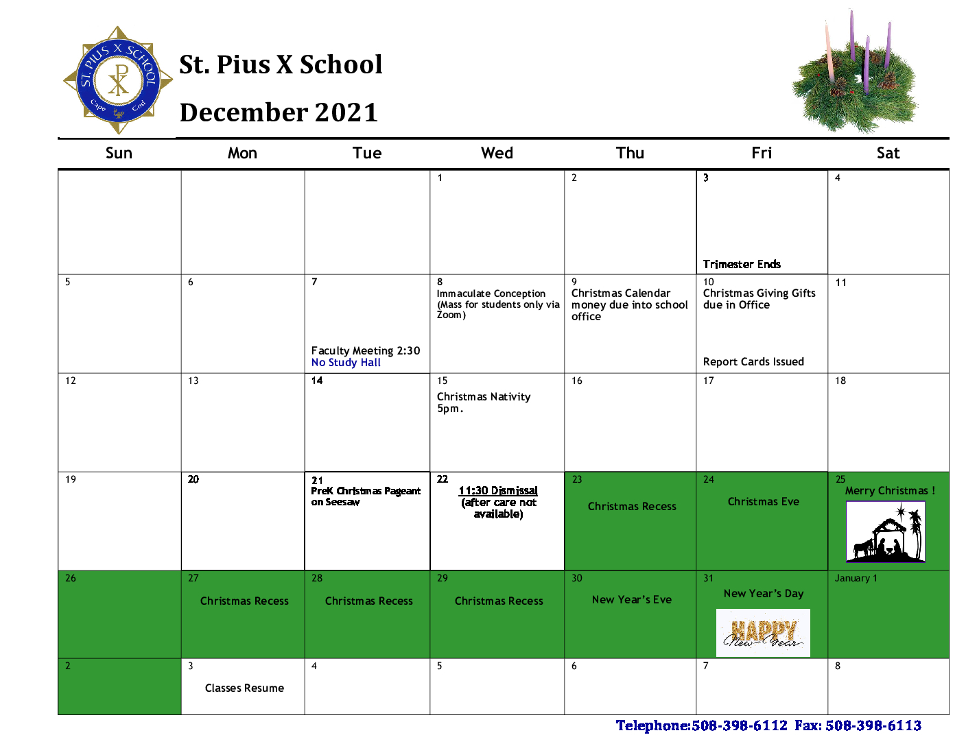 December Calendar St. Pius