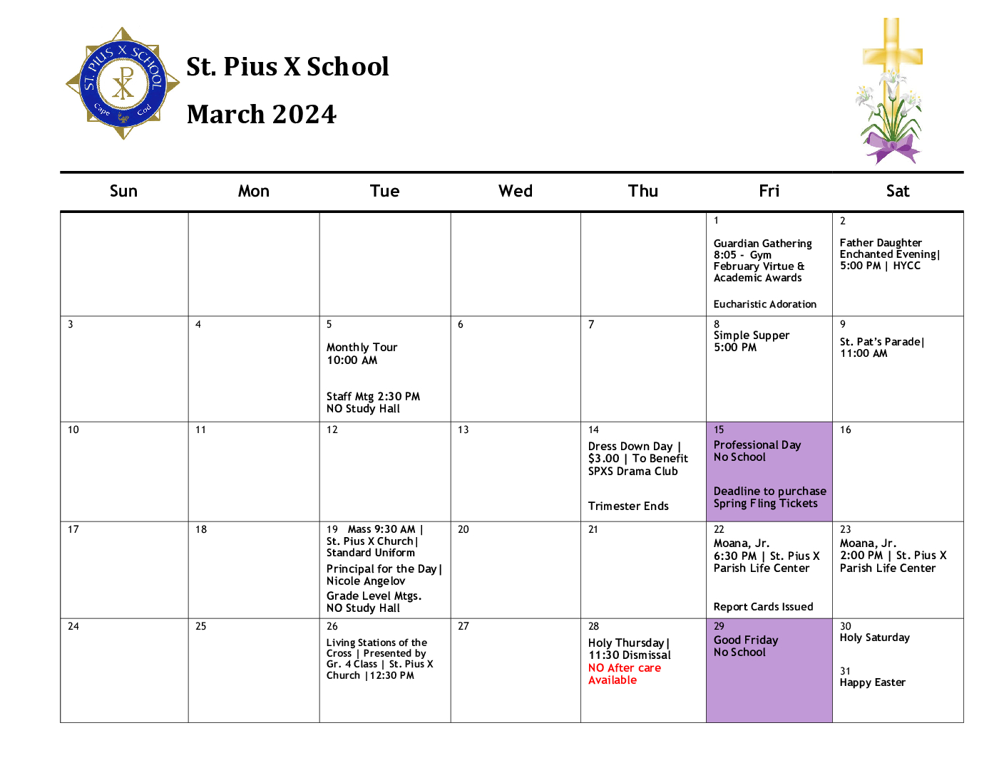 March Calendar St. Pius