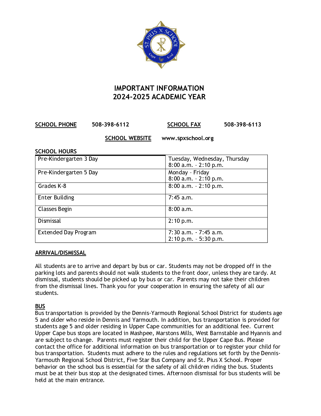 New Student Important Information 2024-2025 - St. Pius X School